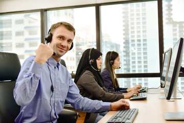 Call center teamwork cooperate business office support online