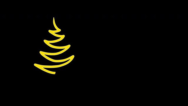 Self drawing illustration animation of golden Christmas tree with colorful tree balls. Dlack background. Copy space,