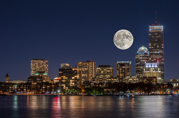 Amazing view of Boston Skyline during Supermoon event in Boston USA