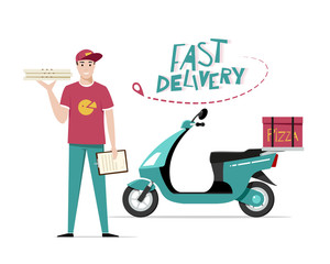 Pizza delivery man with moped