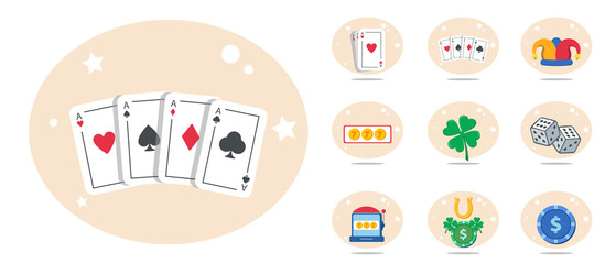 casino flat icon set with chip, game cards, dices, slot, jackpot, four leaf clover design element for illustration. flat icon