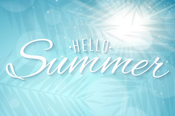 Hello Summer poster. Sun and lights bokeh. Stylish lettering. Silhouette of a palm tree leaf. Vector illustration