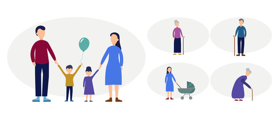 family characters set. with granny, mother, father, children design element for illustration. flat icon