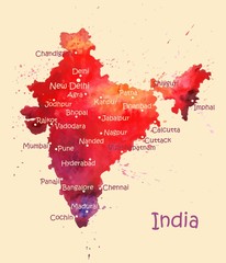 Watercolor map of India with cities. Stylized image with spots and splashes of paint