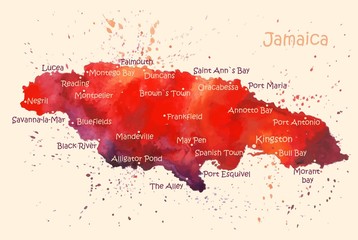Watercolor map of Jamaica island with localities. Stylized image with spots and splashes of paint