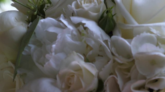 Beautiful blossom of the white roses in the bridals bouquet. Close up detail shot.