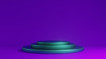Futuristic empty stage elegant violet and blue background with abstract podium.Interior Backdrop for Landing Page, Showcase, Product Presentation. 3d illustration, 3d rendering.