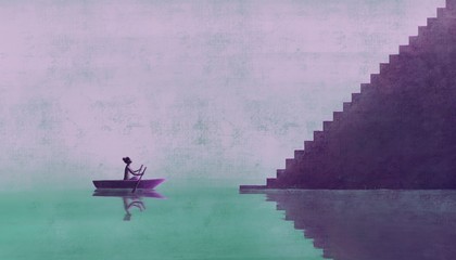 Woman on a boat going to the stairs, painting artwork © Jorm Sangsorn