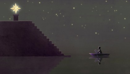 Man on a boat going to the star on the stairs, painting artwork