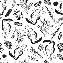 Tropical seamless pattern with toucans. Vector background.