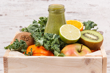 Freshly blended coctail from fruits with vegetables as healthy dessert containing vitamins and minerals