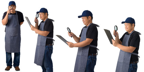 collection set of worker man or Serviceman, investigator in Black shirt and apron is holding or looking with magnifying glass isolated on white