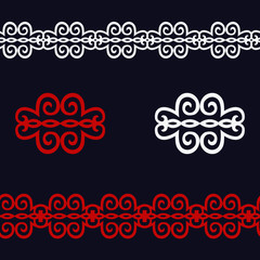 Set of 2 seamless border and vector ornamental elements with motifs of Kazakh, Kyrgyz, Uzbek, national Asian decor for borders, textile, plate, tile, and print design. Workpiece for your design. 