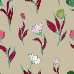 Multi-colored flowers and leaves of tulips on a light beige, peach background. Floral seamless pattern.