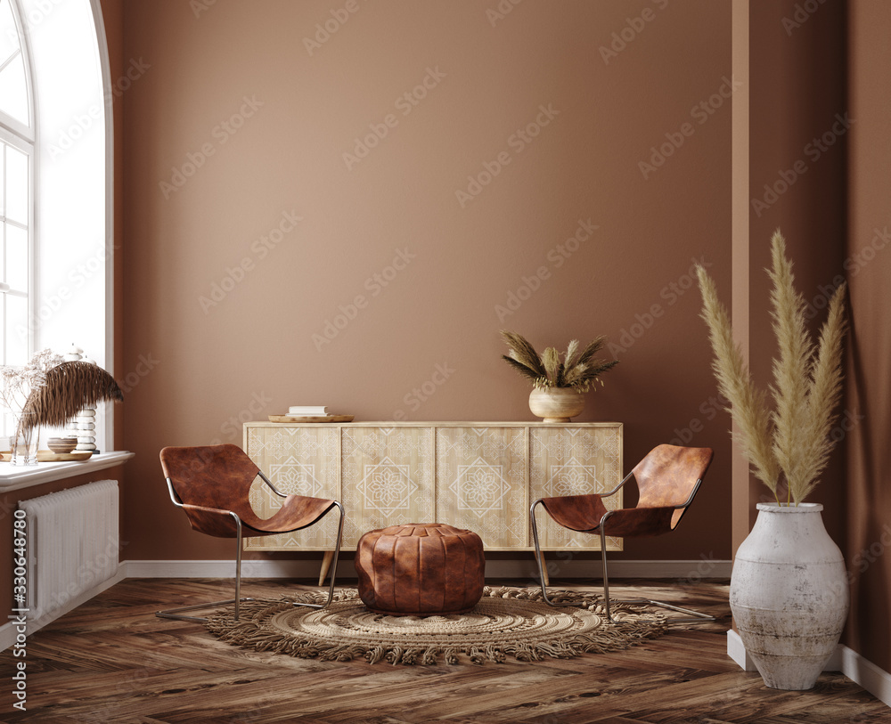 Wall mural Home interior with ethnic boho decoration, living room in brown warm color, 3d render