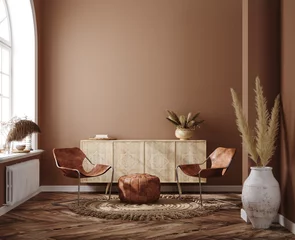 Wallpaper murals Boho Style Home interior with ethnic boho decoration, living room in brown warm color, 3d render
