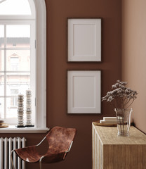 Home interior with ethnic boho decoration and poster mockup, 3d render © artjafara