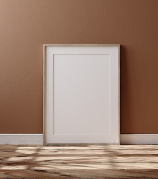 Wooden frame with poster mockup standing on floor, 3d render