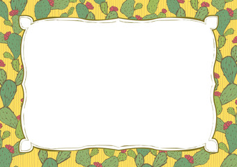 レトロなサボテン柄の背景素材　黄色　手書きイラスト　メニュー表　植物柄