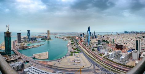Aerial view of Manama city and newly constructed areas in Manama, Bahrain