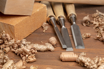 Carpenter cabinet maker hand tools on the workbench