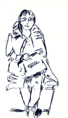 graphic black and white drawing of a woman with glasses and with a bag sitting