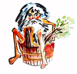 graphic color drawing Russian house spirit living in a bathhouse - bannik