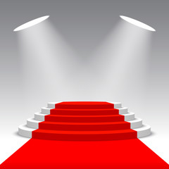 Stage for awards ceremony. White podium with red carpet. Pedestal with spotlights. Scene. Vector illustration.