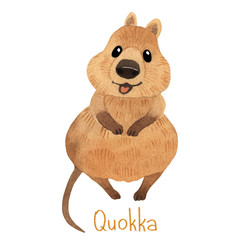 Cute kawaii hand drawn watercolor art. Smiling australian quokka. Isolated on white background