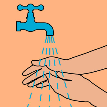 realistic  drawing human 2 hands with blue  faucet and black outline on orance background. illustration.
