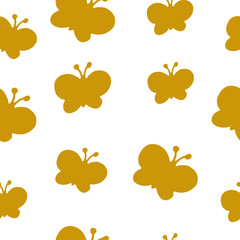 Hand drawn seamless pattern of silhouette of butterfly in gold color. Vector illustration for print design.