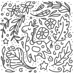 Funny summer doodle background with hand drawn giraffe, tropical leaves and flowers