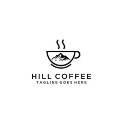 A high mountain in a warm cup of coffee logo design.