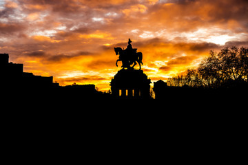 Colorful Sunrise burning sky Koblenz City historic monument German Corner where river rhine and...