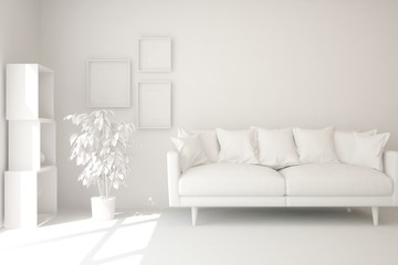Mock up of minimalist living room in white color with sofa. Scandinavian interior design. 3D illustration