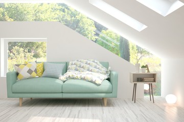 Fototapeta premium Minimalist living room in white color with sofa and summer landscape in window. Scandinavian interior design. 3D illustration