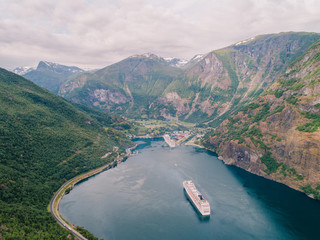 Flam harbor and ferry boat approaching 