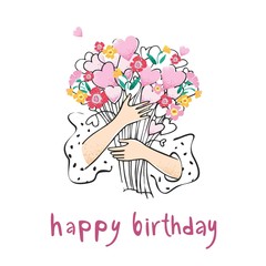Colored birthday card concept. The girl's hands hold a bouquet of flowers with hearts drawn by hand on a white background. Decorative poster about love and care. Cute cartoon vector illustration