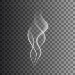 Transparent white cigarette smoke waves on dark background. Steam from coffee, tea or hot food.