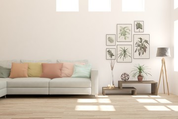Modern living room in white color with sofa. Scandinavian interior design. 3D illustration
