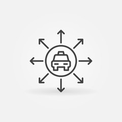 Taxi Car with Arrows vector concept icon or symbol in outline style
