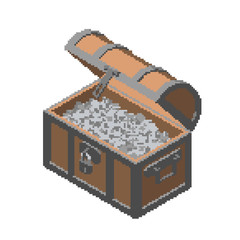 Opened Pixelated Treasure vintage wooden Chest full of silver coins. Pixel Art. Isometric projection. 3d Vector illustration. Isolated on white background.