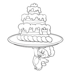 little kitten in a cap holds on one paw a big cake on a tray for the holiday, a strong cook, a sketch in outline, isolated object on a white background, vector illustration, eps