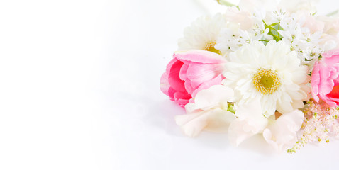 bouquet of spring flowers in soft pink colors in details. floral feminine background