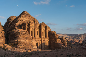 Ad Deir or the Monastery in Petra ruin and ancient city at sunset, Jordan, Arab