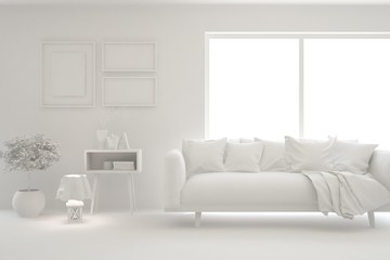 Mock up of minimalist living room in white color with sofa. Scandinavian interior design. 3D illustration