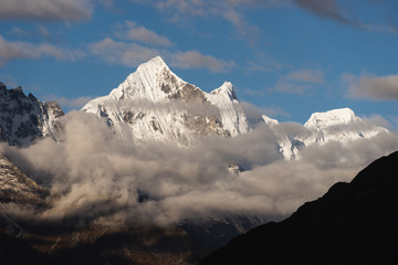 Snow mountain peak in Everest region, Himalaya mountain range in Nepal