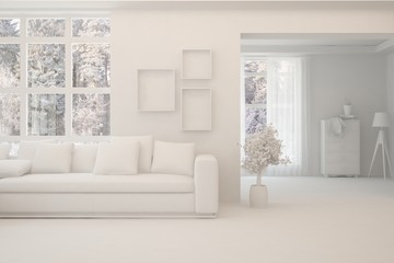 Fototapeta na wymiar Mock up of stylish room in white color with sofa and winter landscape in window. Scandinavian interior design. 3D illustration