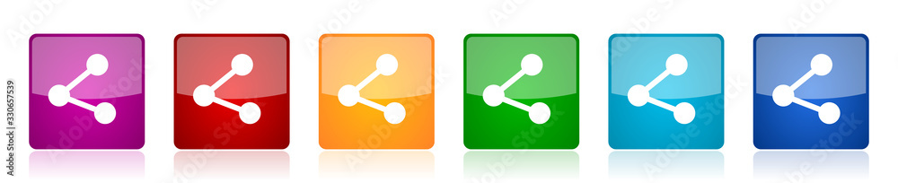 Aufkleber Share icon set, colorful square glossy vector illustrations in 6 options for web design and mobile applications.