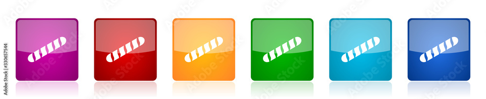 Leinwandbilder baguette icon set, colorful square glossy vector illustrations in 6 options for web design and mobil